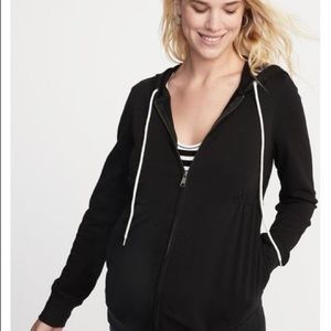 Women's Black Maternity Cinched-waist Zip Hoodie